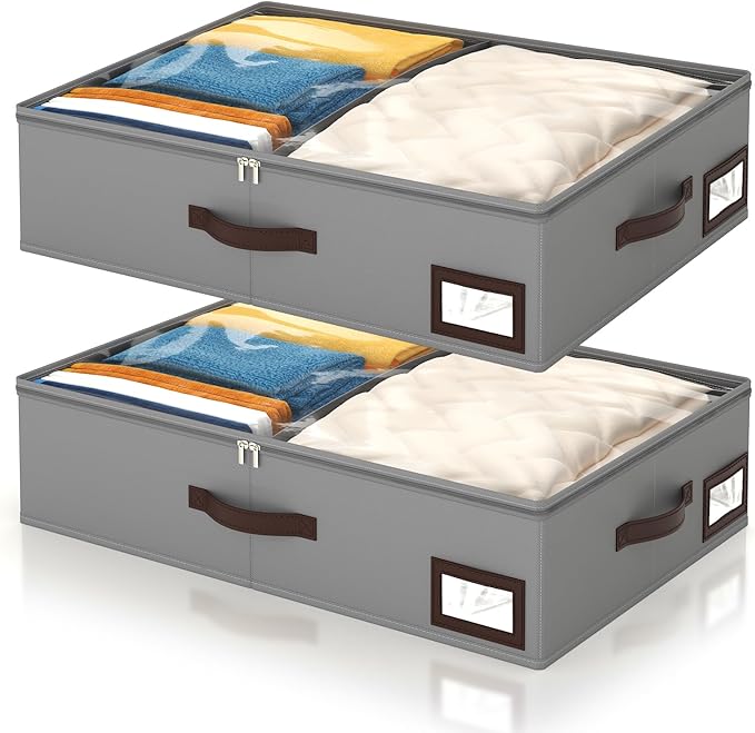 OIAHOMY 2 Pack Under Bed Storage, 6 Inch High Under Bed Storage Containers with Adjustable Dividers, Dual Zippers, &Clear Lid, 38L Under Bed Drawers For Clothes, Blankets, Clothing, & Shoes, Grey