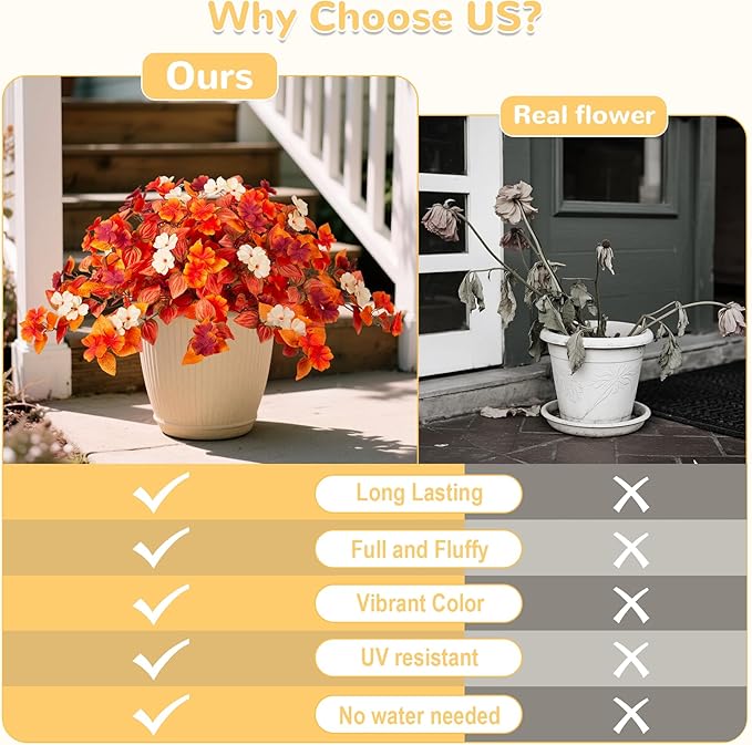 Fake Fall Flowers Artificial for Decoration 2PCS Faux Silk Fall Flowers Plants for Outdoors Outside Planters UV Resistant Looks Real for Front Door Porch Patio Garden Decor