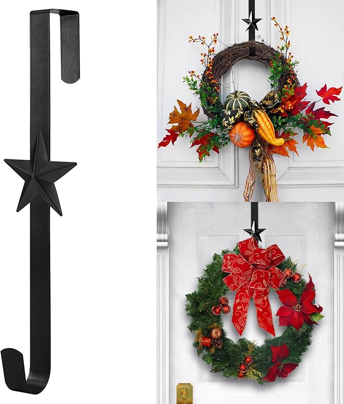 Wreath Hangers for Front Door,15" Sturdy Metal Wreath Doors Hangers,Over The Door Hooks for Front Porch Decor,Garland Hooks Holders for Halloween Christmas Decorations (Black Star, 2 Pack)