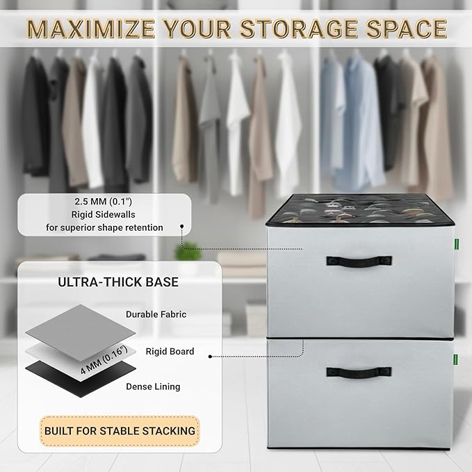 2 Pack Shoe Organizer for Closet, Foldable Fabric Shoe Storage Box with Adjustable Dividers and Clear Dustproof Cover, Large Collapsible Shoe Bins & Containers, Holds up to 32 Pairs, Gray