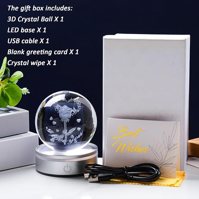 Movdyka Forever Rose Crystal Lamp Gift for Wife, Girlfriend, Mom - I Love You 3D Engraved Rose Butterfly & Heart - Anniversary, Birthday, Valentine's Day Gift for Her - Romantic Night Light