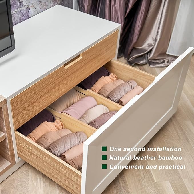 4 Pack Bamboo Drawer Dividers 2.6" High, Adjustable Length from 12 Inch to 17 Inch, Expandable Kitchen Drawer Organizer Separators for Clothes, Kitchen, Bedroom, Dresser, Office (Beige)