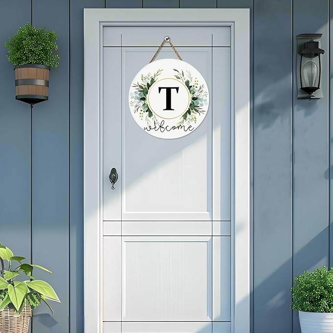 Monogram Letter T Wreaths for Front Door Wreath Wooden Welcome Sign for Front Door Decor Floral Family Last Name Initial House Warming Spring Summer Porch Rustic Wall Home Kitchen Boho Decorations