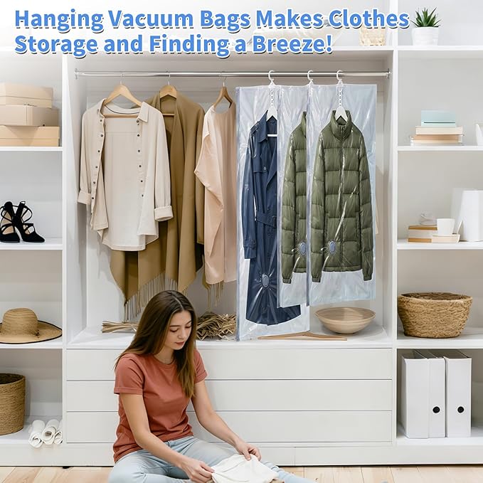 4 Pack Hanging Vacuum Storage Bags with Electric Pump (2 Long 2 Short), Vacuum Seal Space Saver for Suits, Jackets, Coats, Closet Organization (4)