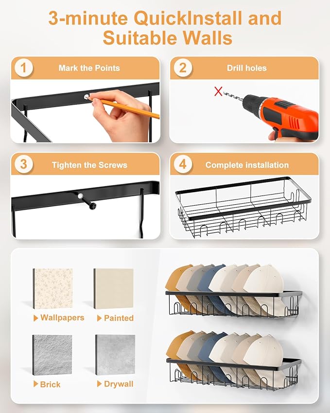 4 Pack Hat Rack for Wall Holds 112 Caps Hat Organizer for Wall Mounted Hat Holder on Wall Hat Organizer for Baseball Caps Hat Storage for Baseball Hats Closet Bedroom Kitchen Bathroom Black