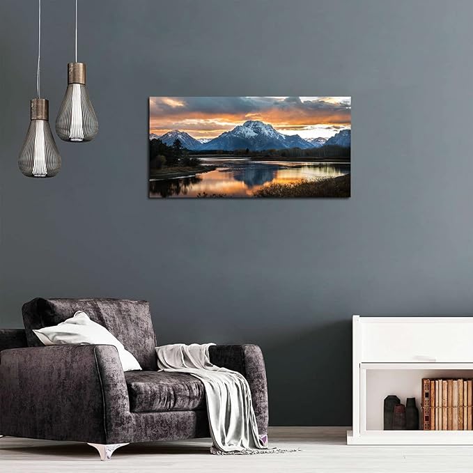 Grand Teton Mountain Wall Art National Park Posters Sunset Oxbow Bend Scenery Wall Picture Snake River Landscape Wall Art Nature Wyoming Painting Artwork for Living Room Bedroom Home Decoration 24x48"
