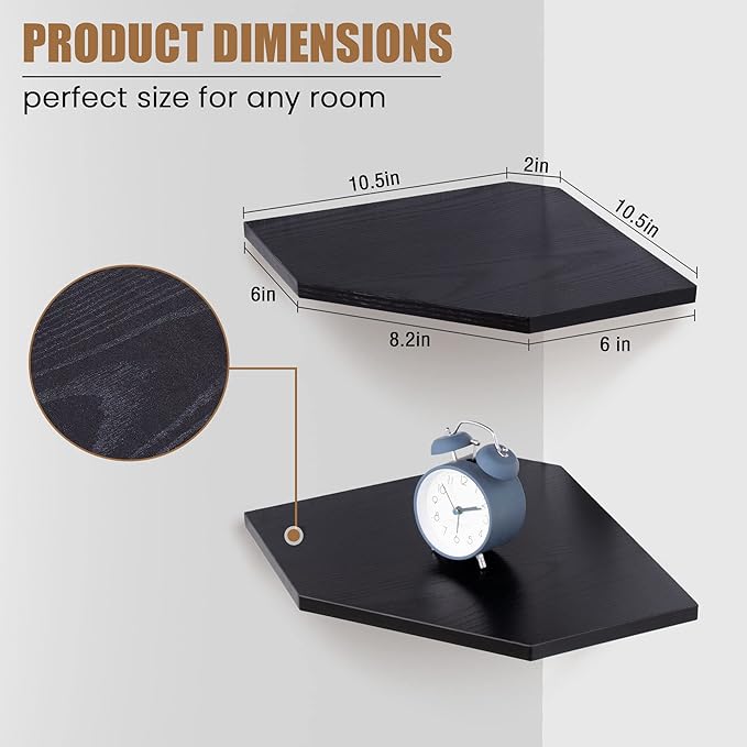 Fun Memories Corner Shelf Wall Mount, Floating Corner Shelves, Set of 4 Corner Wall Shelf Organizer, Rustic Wood Wall Storage Display Shelves for Living Room Bedroom Bathroom Kitchen, Classic Black