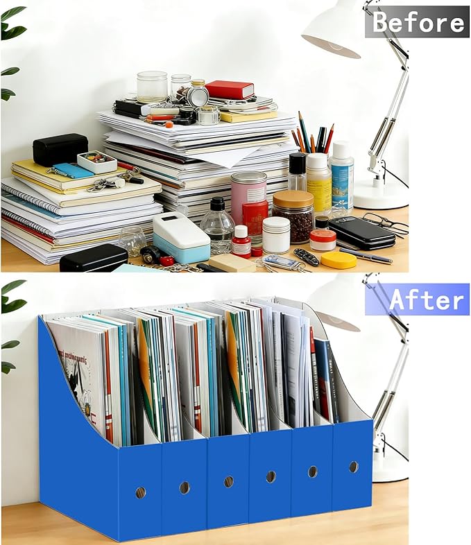 Limitliho 6 Pack Cardboard Magazine Holder for Desk, Book Bins for Classroom Library,Office,Home, 10.6" H x 10.2" L x 3.5" W in Magazine File Holder (Blue)
