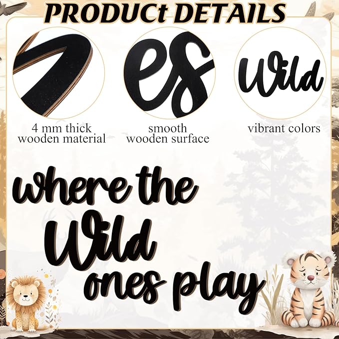 Kigley 5 Pcs Playroom Wall Decor 15.4" x 18" 3D Where The Wild Ones Play Nursery Sign Wooden Wall Art Decoration for Kids Toddler Room Decor Boys and Girls Kindergarten Bedroom Word Sign (Black)