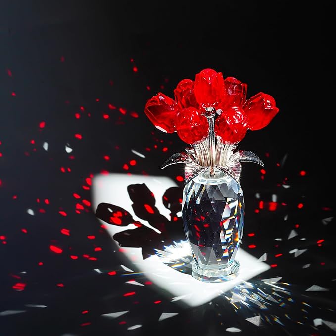 H&D HYALINE & DORA Crystal Rose Flower Figurine,Glass Flower Bouquet Ornament,Glass Rose Gift for Christmas Mother's Day Valentine's Wedding Party
