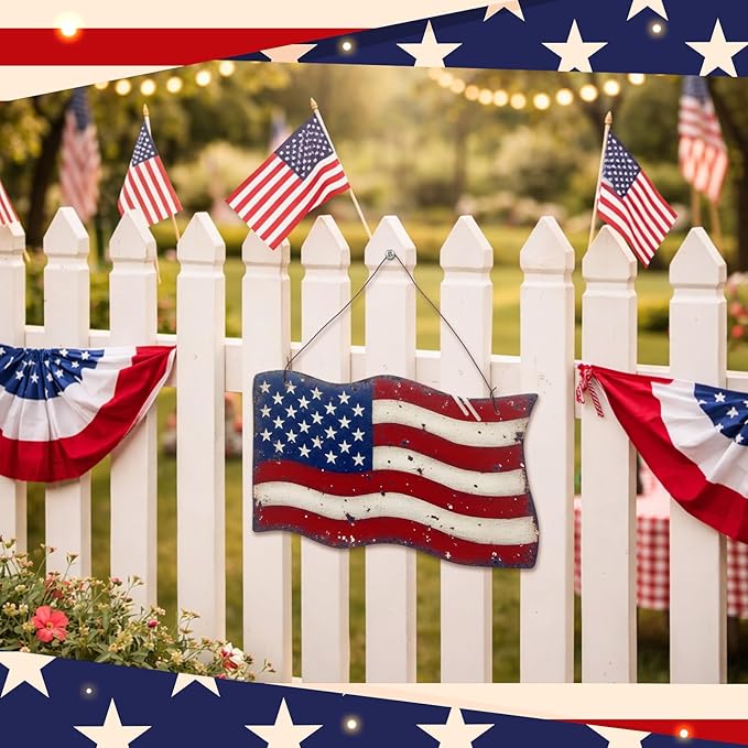 MorningRo Metal Patriotic American Flag Wreath for Front Door Vintage Red White Blue American Flag 4th of July Wall Art Sign Rustic 250 Anniversary Independence Day Hanging Plaque for Porch Outdoor