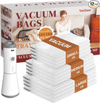 Travel Vacuum Storage Bags with Rechargeable Cordless Pump, 12 Pack Vacuum Seal Bags for Clothing(4 Large+4 Medium+4 Small), Compression Packing for Clothes Suitcase Luggage Blanket Pillows
