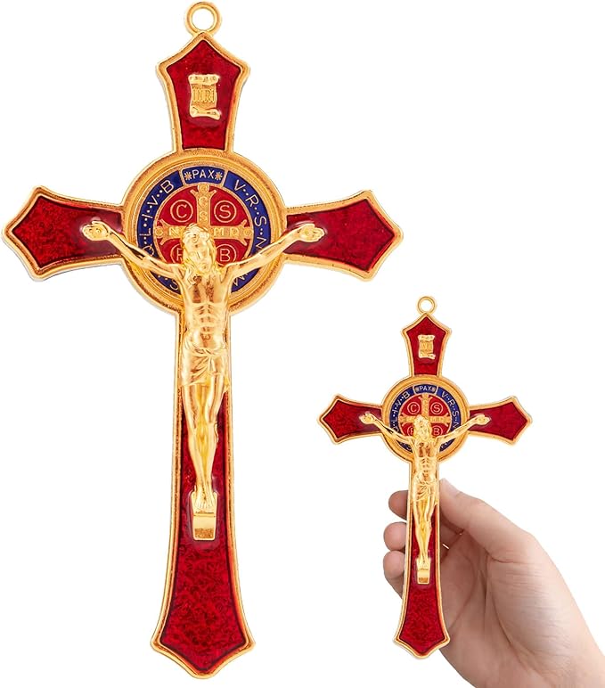 TALPGOD St Benedict Crucifix Red 7 Inch,Crucifix Wall Cross for Catholic Decor,Jesus Christ Hanging Cross Wall Art Decor,Escapularios Catolicos,Saint Benedict Medal for Home Decoration