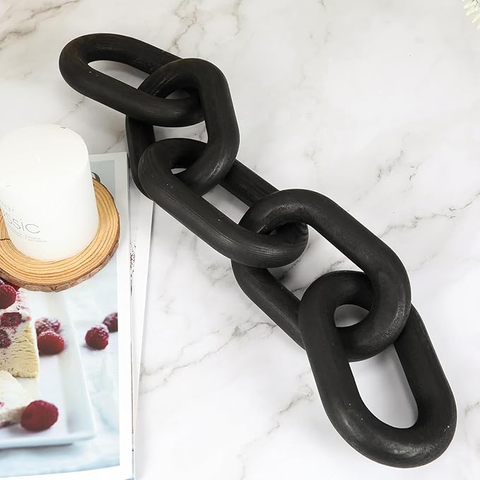 HMASYO Black Wood Chain Link Decor, 5-Link Wooden Decorative Chain Home Decor Accents, Coffee Table Decor, Shelf Decor Aesthetic, Modern Bookshelf Table Decorative Objects for Living Room