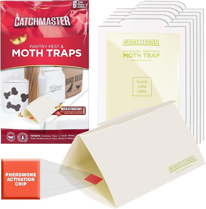 Catchmaster Pantry Pest & Moth Traps 6-Pk, Bug Killer for Kitchen Storage & Pantry Cabinet, Sticky Moth Traps for House, Glue Trap to Protect Pet Food, Kitchen Cabinets Storage