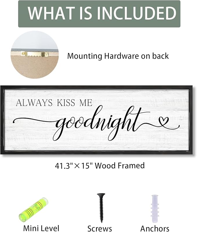 Always Kiss Me Goodnight Wall Sign Above Bed 41.3''×15'' Large Farmhouse Wall Decor for Bedroom Couples Room Decor Framed Wood Wall Art Rustic Master Bedroom Wall Decoration (black frame)