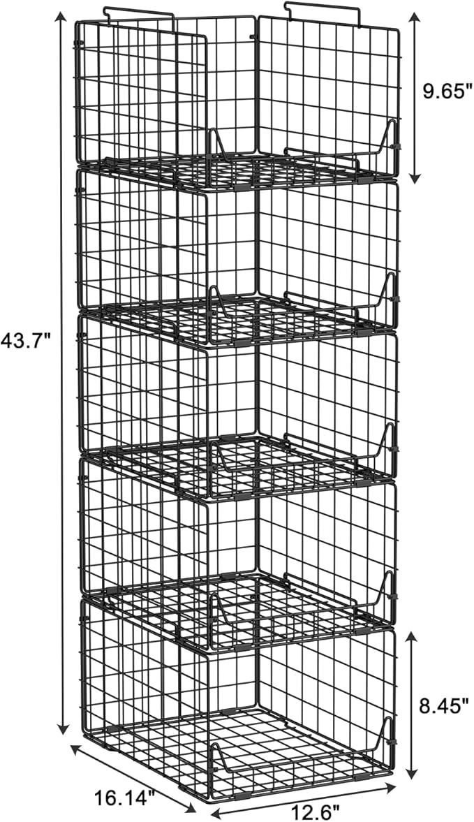 5-Tier Stackable Closet Organizer Shelf – Foldable Metal Storage Bins for Clothes, Sweaters & Towels | Stylish Black Wire Baskets for Bedroom, Wardrobe, Dorm or Entryway