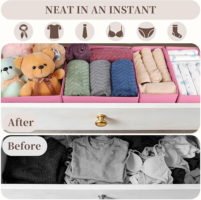 Drawer Organizer Clothes, 16 Pack Dresser Organizer Bins, Foldable Closet Organizers and Storage Fabric Dresser Bins, Shallow Drawer Dividers for Clothing, Underwears, Socks, Tie