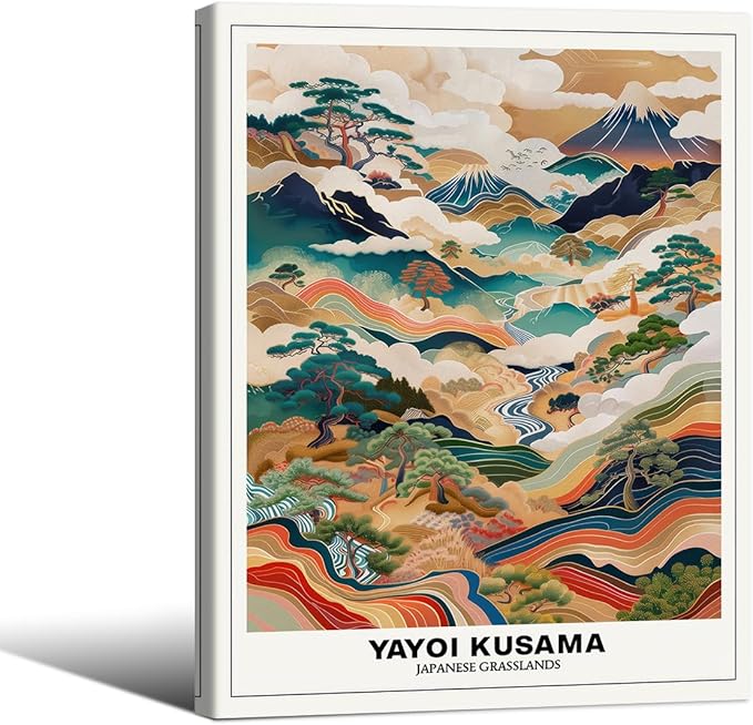 Vintage Yayoi Kusama Grasslands Posters Japanese Wall Art Yayoi Kusama Abstract Landscape Canvas Print for Stylish Room Bedroom Living Room Gallery Decor 11x14in Framed
