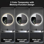 DUMOS 36 Inch Round LED Bathroom Mirror with Lights, Circle Vanity Mirror with Anti-Fog, Dimmable, 3-Color Light, Front Light and Backlit, Memory Function, Tempered Glass