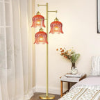 QIYIZM Pink Floor Lamp for Living Room,Bedroom,Gold Mid Century Modern Standing Lamp Brass Tree 3 Light Tall Floor Lamps Floor Lights Glass Flower Lamp Shade Girls Kids Boho Bohemian