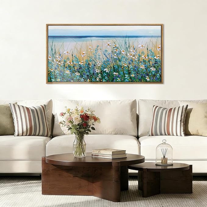 Large Blue Seaside Cyan Floral Wall Paintings Wildflowers Blossom Art Prints Framed Blue Flowers Artwork Floral Wall Art Wildflower Wall Pictures for Living Room Bedroom 20x40 Inch
