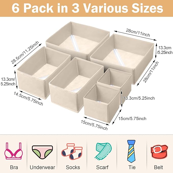 24 Set Fabric Dresser Drawer Organizer Bins Dividers for Clothes – Nursery Home Bins Fabric Foldable Closet Clothing Wardrobe Storage Box Container Basket for Bras Socks Underwear(Beige)