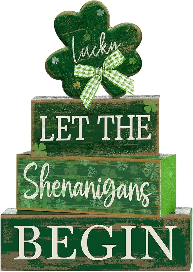 Lineshading 4 Pcs St Patricks Day Table Decorations Wooden Shamrocks St Patrick's Day Tiered Tray Decor Irish Centerpiece Green Lucky Shamrocks Block Signs for Saint Patty's Party Home Kitchen Decor