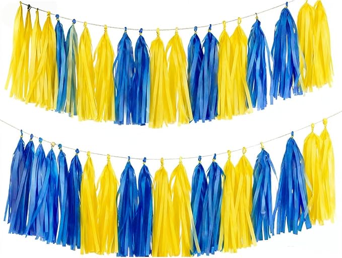 Yellow and Navy Blue Paper Tassel Garland,Tissue Tassel Banner for Party Decorations,Pack of 20