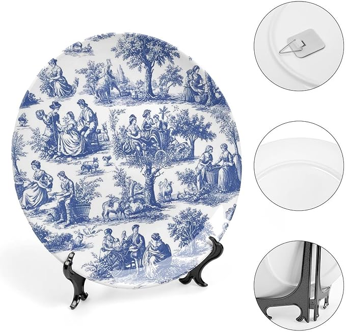 Navy Blue White Decorative Toile Print Decorative Plate of 6", 7", 9", 10", Customize Design Collector Plates, Kitchen Art Decoration Decorations Office, Unique Art with Stand