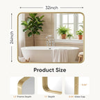 Sweetcrispy Bathroom Wall Mirror, 32x24 Inch Wall Mount Mirror for Over Sink, Modern Rounded Rectangle Vanity Mirrors with Matte Metal Framed, for Home Decor, Living Room, Bedroom, Gold