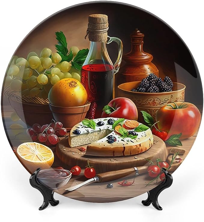 Decorative Plates, Wine, Fruit & Pizza Foods Painting Display Plate for Home Office Kitchen Table Decor Porcelain Plates 8 Inch, Birthday Gifts