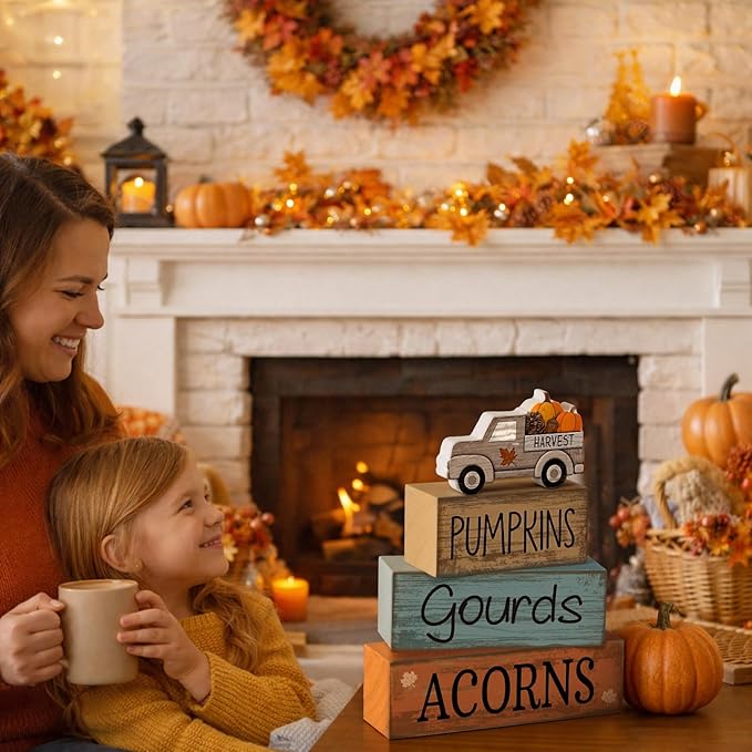 Lineshading 4 Pcs Fall Decoration for Home Fall Truck Decor Thanksgiving Tiered Tray Decor Thanksgiving Centerpiece Decorative Pumpkin Truck Block Signs Gift Farmhouse Autumn Table Decoration for Home