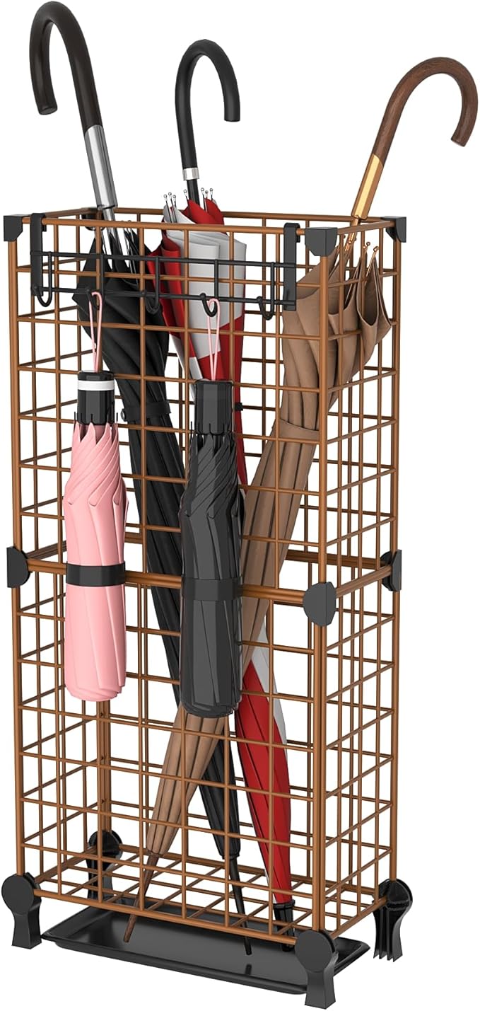 AWTATOS Umbrella Holder Entryway, Umbrella Stand Freestanding, Metal Square Umbrella Rack Organizer with a Removable Drip Tray, Hooks, Brown