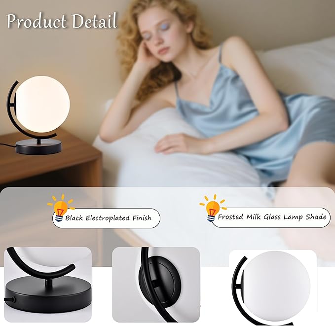 Modern Globe Table Lamp - 7.1" Opal Glass Shade, Black Metal Base - Mid Century Small Lamp for Bedroom Nightstand, Office Desk - Plug-in with 5.9FT Cord & On/Off Switch-Decorative Bedside Table Light