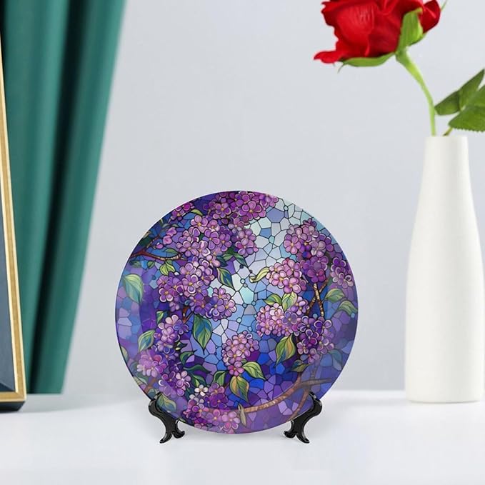 Stained Glass Theme Decorative Ceramic Plate Round Porcelain Plate,7 inch,Lilac Pattern,for Decorative Ornaments Giving Plates, 1 Plate with 1 Display Stand,Purple
