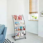 LIWSHWZ Magazine Rack Floor Standing,Brochure Display Stand, 4 Pockets Metal Literature Stand,Newspaper Rack with Wheels for Trade Show Exhibitions Office Retail Store
