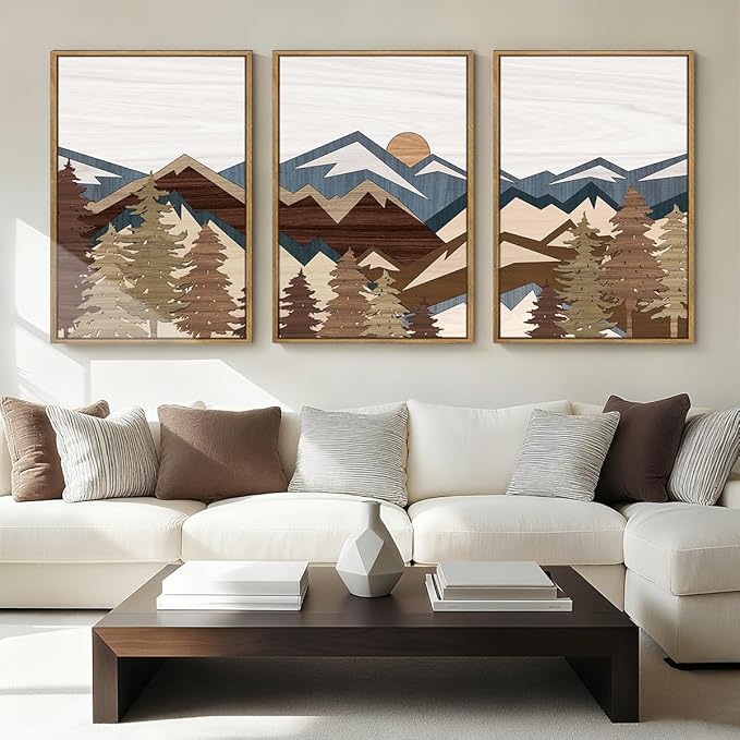 BINCUE Large Boho Mountain Wall Art Framed Mountains Wall Paintings Set of 3 Forest Mountain Sun Wall Decor Boho Landscape Artwork Rustic Mountains Art Prints for Living Room Bedroom Office Farmhouse 24x36 Inch Gift