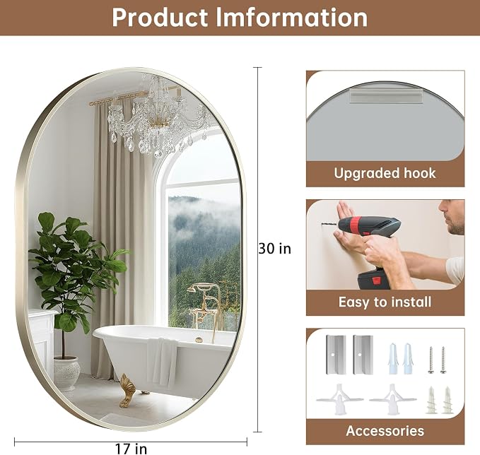 Brushed Nickel Mirror, 17"x30" Oval Bathroom Mirror, Oval Mirror with Brushed Metal Frame, Wall Mount Mirrors Decor for Bathroom, Bedroom, Entryway (Hangs Horizontally or Vertically)
