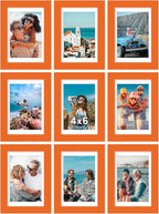 Vittanly 4x6 Picture Frames Set of 9, Shatter Resistant Plexiglass, Display 3.5x5 Pictures with Mat or 4x6 without Mat, Photo Frames for Wall or Tabletop, Engineered Wood, Orange