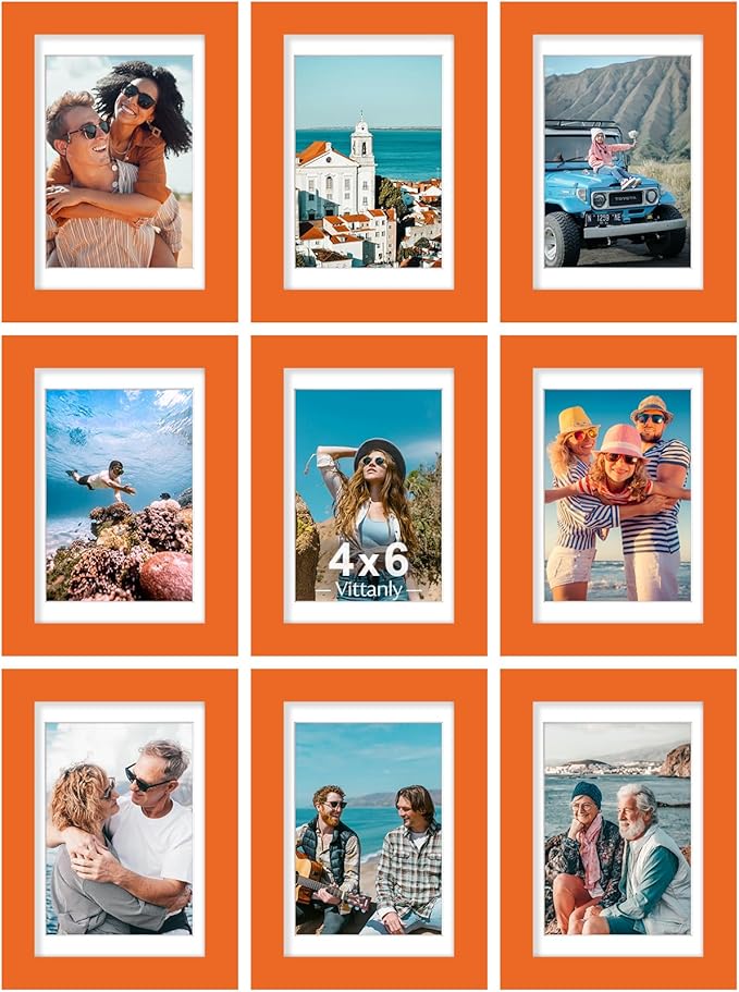 Vittanly 4x6 Picture Frames Set of 9, Shatter Resistant Plexiglass, Display 3.5x5 Pictures with Mat or 4x6 without Mat, Photo Frames for Wall or Tabletop, Engineered Wood, Orange