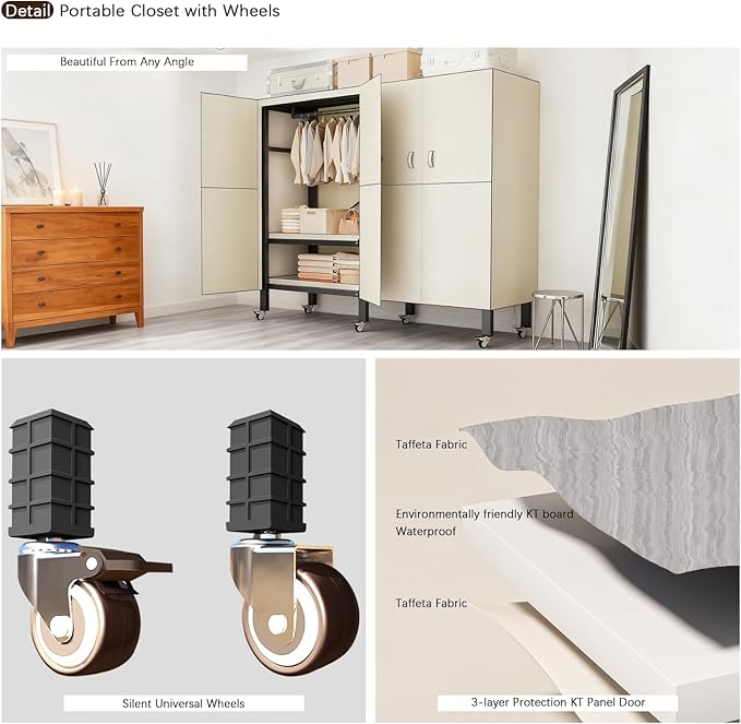 Heavy Duty Portable Closet with Cover Magnetic Doors, Metal Rolling Clothes Rack Heavy Duty 1500LBS, Foldable Clothing Rack, Garment Racks for Bedroom/ LivingRoom/ Rental (KT Off-white, 49.21in)