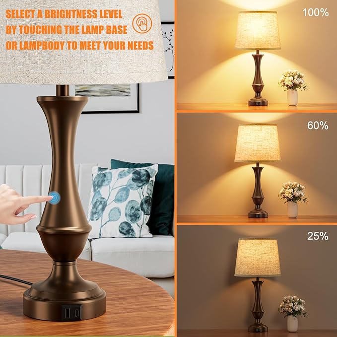 Seealle Upgraded Touch Lamps for Night Stands Set of 2 - Bedside Lamps with USB C+A, 3 Way Dimmable for Bedroom Living Room End Tables Office (Beige& Brown)
