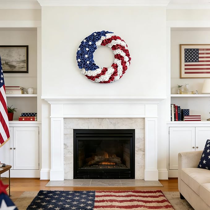 Idyllic 20 Inch Patriotic Wreath for Front Door, 4th of July Wreath with Red White Blue Silk Roses & Metal Stars, Memorial Day Day Decorations for Home Wall Porch Window