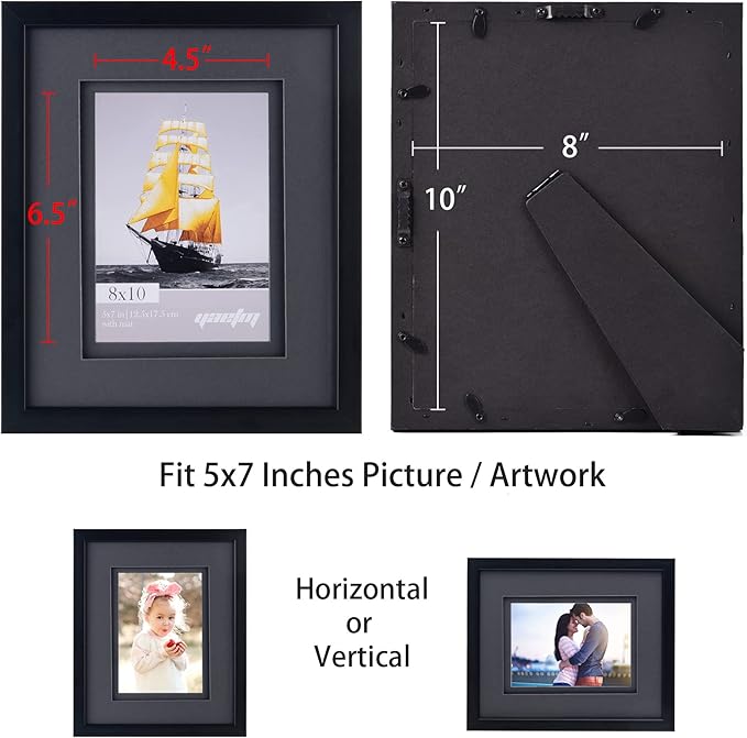 Yaetm 8x10 Double Floating Mat Picture Frame Set of 2, Display Picture 5x7 with black Double Mat, Polished High Definition Real Glass, Tabletop & Wall Mounting Photo Frames, Black