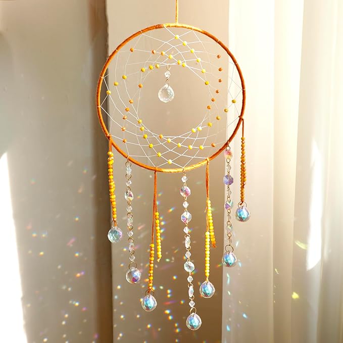 Artilady Dream Catchers with Crystals - Large Boho Yellow Moon Dream Catcher Wall Decor House Decorations for Home Girls Kids Baby Bedroom Room Decor Christmas Birthday Teen Girl Boys Gifts