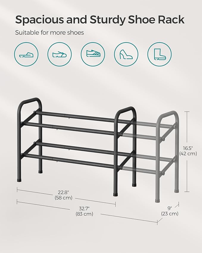 SONGMICS Expandable Shoe Rack, 2 Tier Shoe Rack Shelf, Adjustable Shoe Organizer Storage for 15 Pairs of Shoes, Metal Free Standing Shoe Racks for Closet, Front Door Entryway, Easy Assembly, Ink Black