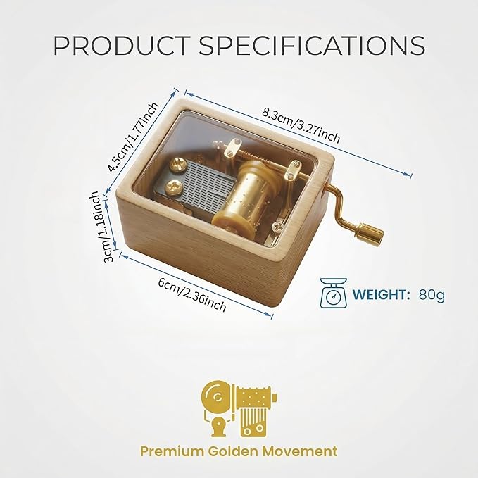 Hand Crank Wooden Music Box - Beech Wood with Clear PVC Window, Premium Golden Movement, Mini Size 6x4.5x3cm, 80g - Ideal Gift for Loved Ones (Contemporary, Let It Go)