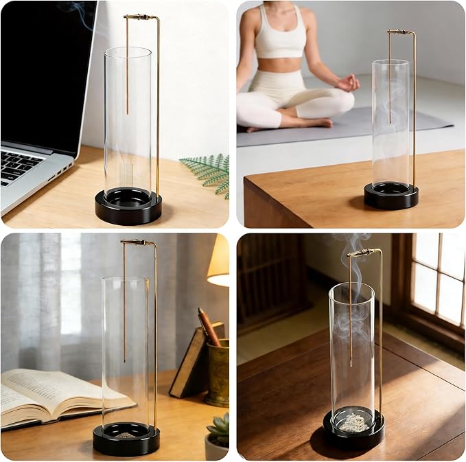 Incense Holder for Sticks, Anti-Ash Flying Incense Burner with 30 Incense Sticks, Detachable Glass Ash Catcher (Stainless Steel, Black)