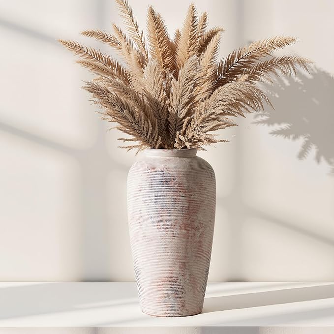 Rustic Distressed Ceramic Threaded Vase, 11" H Handmade Wabi Sabi Decor Vase (Antique Terracotta with Lime White & Distressed Black Patches) for Living Room Table Centerpieces, Entryway & Fireplace